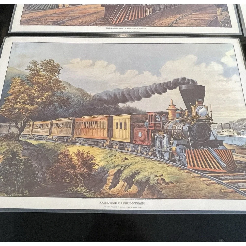 CURRIER & IVES Vintage Laminated Prints Of 1864 Lithograph Trains Placemats Set